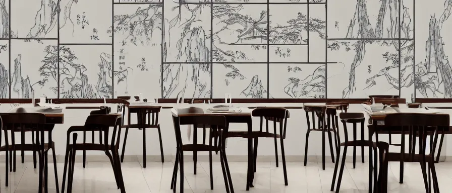 Prompt: a beautiful simple interior 4 k hd wallpaper illustration of small roasted string hotpot restaurant restaurant pagoda hill, wall corner, from china, wallpaper with mountains and white tile floor, rectangle white porcelain table, black chair, fine simple delicate structure, chinese style, simple style structure decoration design, victo ngai, 4 k hd