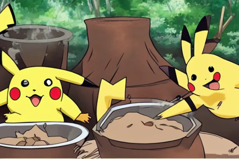 Image similar to pikachu getting cooked in a pot by african tribesmen, anime style