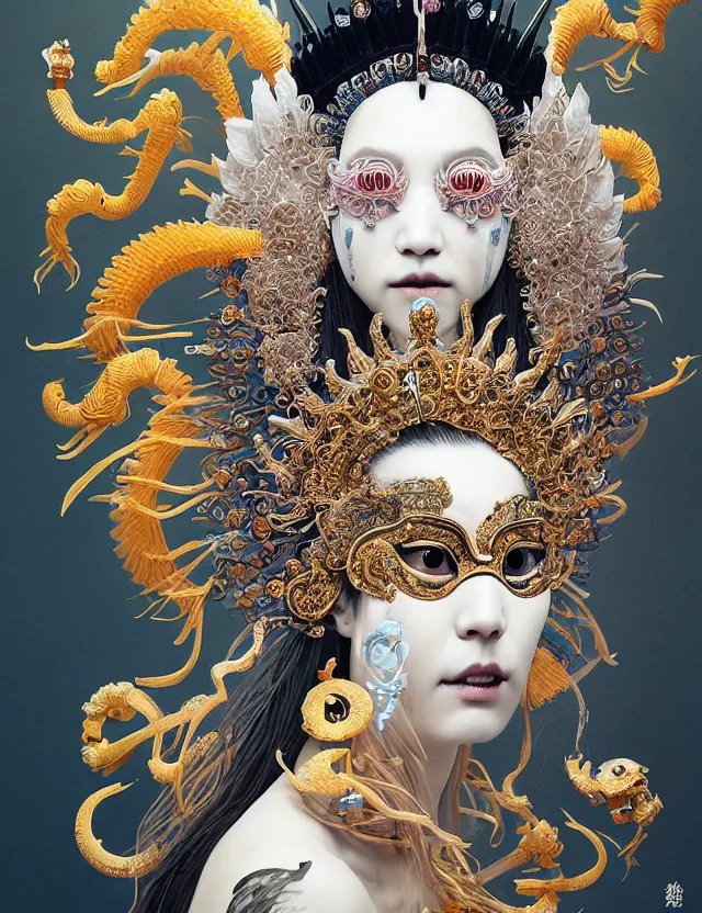 Image similar to goddess portrait with mask and crown made of ram skull. beautiful intricately detailed japanese crow kitsune mask and clasical japanese kimono. betta fish, jellyfish phoenix, bioluminescent, plasma, ice, water, wind, creature, super intricate ornaments artwork by tooth wu and wlop and beeple and greg rutkowski