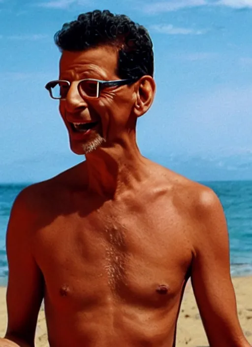 Image similar to jeff goldblum as a banana tomato on the sand of a beach