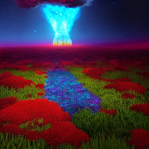 Prompt: a nuclear explosion made out of flowers, night, bioluminecent, vivid, powerful, matte painting, trending artstation, octane render, 8k,