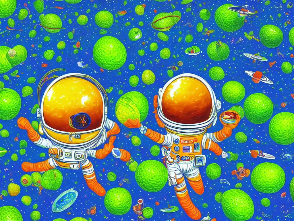 Prompt: a digital painting of a astronaut without a helmet!!!!!! floating in a bright colorful alien ocean surrounded by limes!!!!!!, sharp focus, retro futuristic by todd schorr