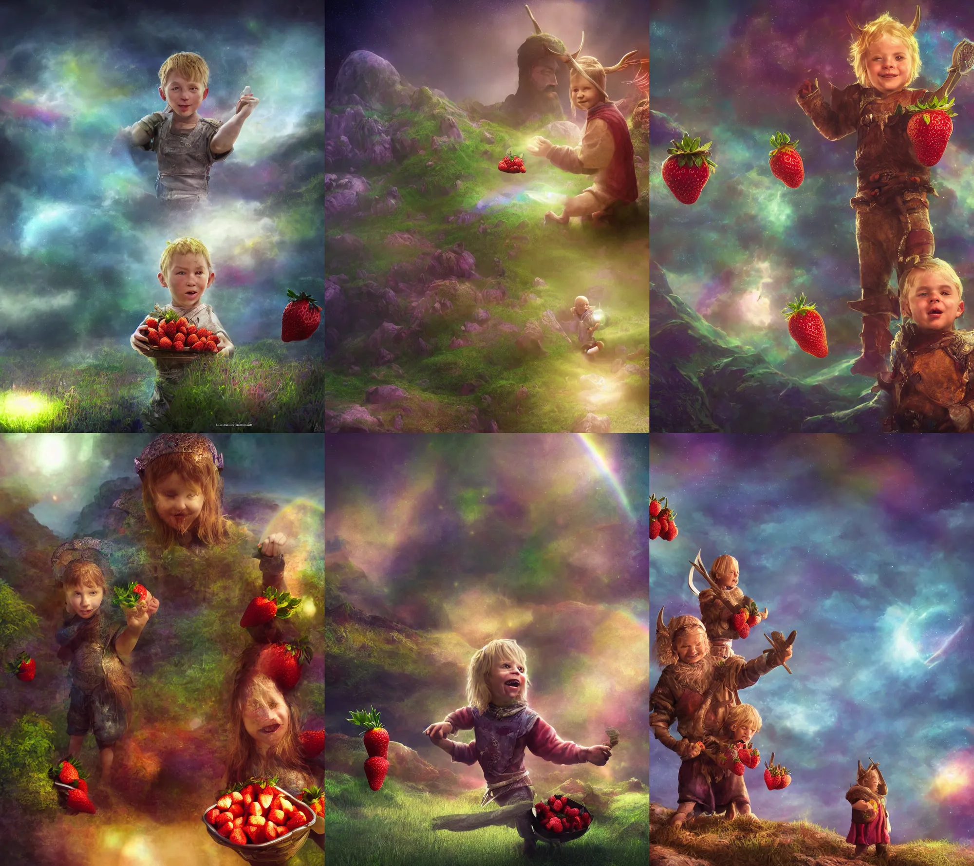 Prompt: Portrait, Happy viking kid carrying strawberries , cosmic sci fi landscape with farm vegetables growing rainbow warrior semi realistic comic, octane render, Dr Zeus , A harmonious integration, 8k , happy , concept art , Akitipe studios , volumetric lighting , cinematic , ethereal , divine details, intricate African jewellery , fairycore, fantasy, Leonardo DaVinci detail