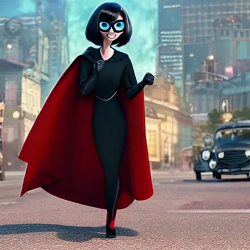 Image similar to a still of an edgy Edna Mode wearing a cape, Pixar (2018)