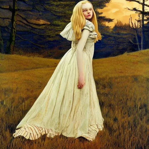 Prompt: Elle Fanning in the painted world of Alice in Wonderland, head and shoulders masterpiece, apocalypse, golden hour, cosmic horror, artstation, in the style of Andrew Wyeth and Edward Hopper and Bosch, extremely detailed