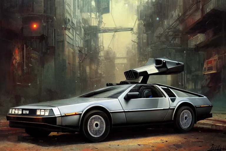 Image similar to photograph of the delorean, with a sleek spoiler, driving down the streets of a cyberpunk abandoned city, by greg rutkowski, by stanley artgerm, by alphonse mucha