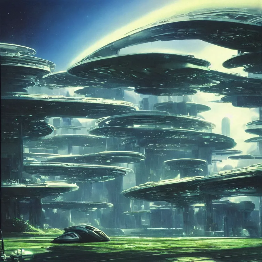 Image similar to beautiful matte painting album cover art of green gardens with roads on a futuristic sci-fi space station, cinematic angle, cinematic lighting, blue sky, by Syd Mead, John Harris, Federico Pelat