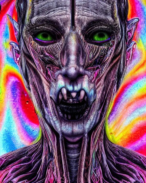 Image similar to realistic portrait of a creature experiment gone wrong, psychedelic, dark art, facing camera, photo realistic, detailed, 1 4 5 0, delicate, hyper realism, ultra realistic, 8 k