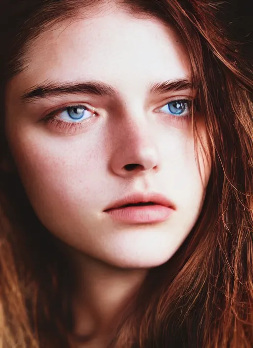 Prompt: Kodak Portra 400, 8K, highly detailed, britt marling style 3/4 photographic extreme close-up face of a extremely beautiful girl with clear eyes and brown hair , illuminated by a dramatic light, high quality, photo-realistic.