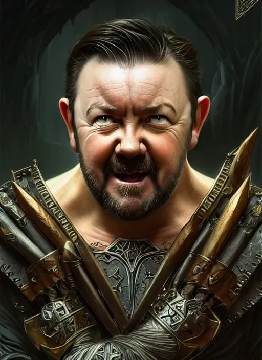 Image similar to portrait of ricky gervais as an orc, d & d, muscular! fantasy, intricate, elegant, highly detailed, digital painting, artstation, concept art, smooth, sharp focus, illustration, art by artgerm and greg rutkowski and alphonse mucha