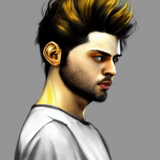 Prompt: ultra realistic illustration, a young man with black hair, in a yellow t - shirt, with blue eyes, highly detailed, digital painting, artstation, concept art, smooth, sharp focus, illustration