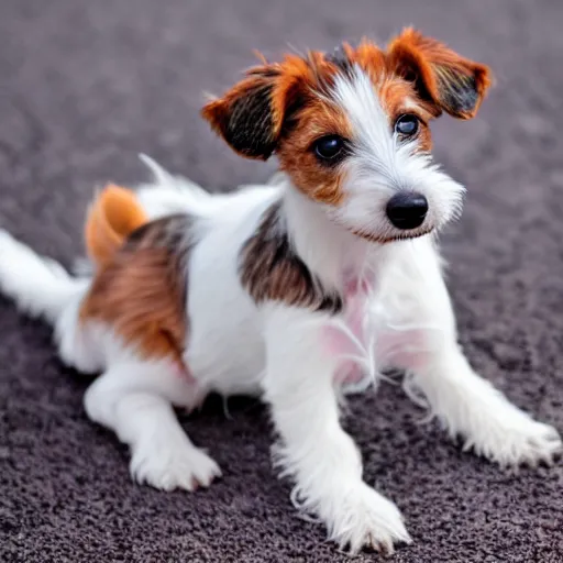 Image similar to a high quality photograph of a scruffy wire haired jack russell terrier puppy, white with chocolate brown spots, brown patches over both eyes. friendly, curious expression.