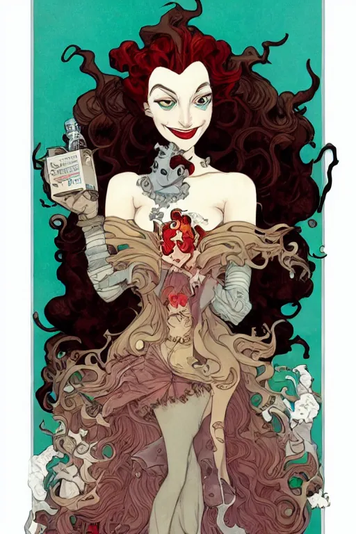 Image similar to portrait of crazy mad lady scientist, cruella devil, merida, olivier armstrong, elsa, elastigirl, vanellope von schweetz, flame princess, stylized illustration by peter mohrbacher, moebius, mucha, victo ngai, colorful comics style, clean line