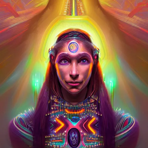 Image similar to portrait of a future metaverse Ayahuasca tech shaman warrior, 2D cartoon, visionary art, symmetric, Magick symbols, holy halo, shipibo patterns, sci-fi, concept art, trending on art station, 8k digital art, by Mandy Jurgens, fantasy art