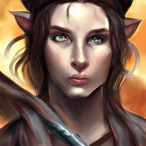 Prompt: a long shot portrait of a young female tiefling ranger, highly detailed digital painting dramatic