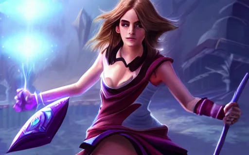 Image similar to Emma Watson in League of Legends as champion. Digital Art. Legendary Skin.