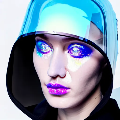 Image similar to an ultra high definition professional studio quality photograph of an artificial celebrity cyberpunk pop star wearing a transparent iridescent perspex pastel coloured face visor and matching raincoat on white coat hook in an icelandic black rock environment. dramatic lighting. volumetric shadows. light rays