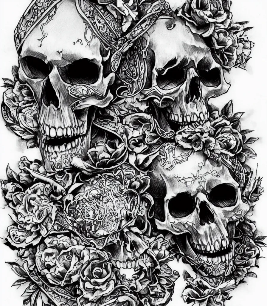 Image similar to highly detailed skull, Japanese ornament, tattoo ink sketch, isolated on white background