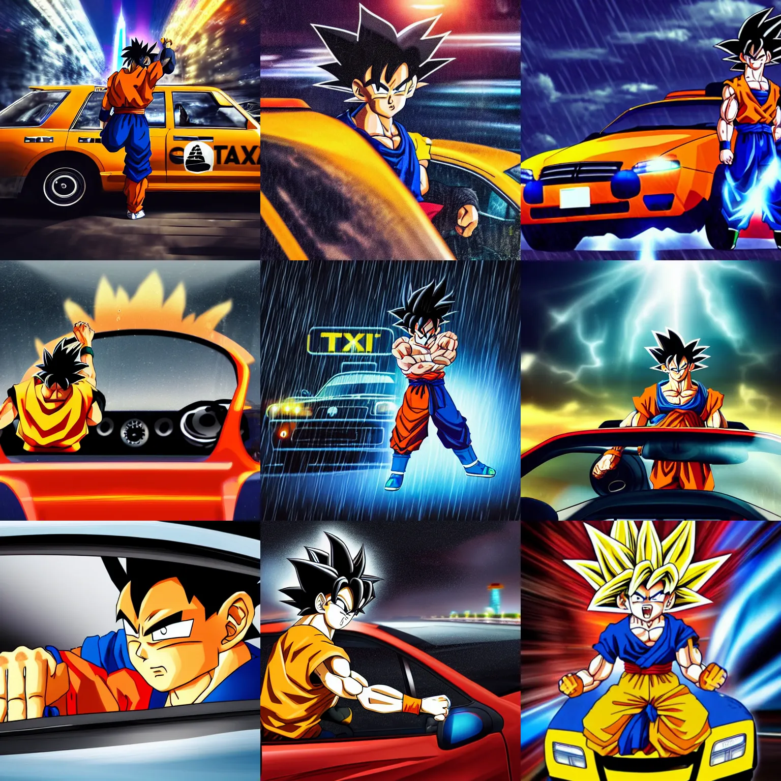 Prompt: goku as a taxi driver with steering wheel in his hands looking at you from the car, shot from professional camera, ultra realistic, rim light, rainy weather, vivid lights night time