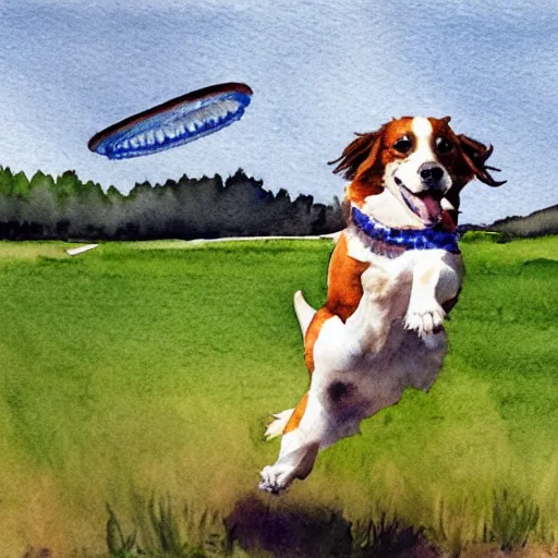 Image similar to a dog jumping to catch a frisbee in a field, watercolor