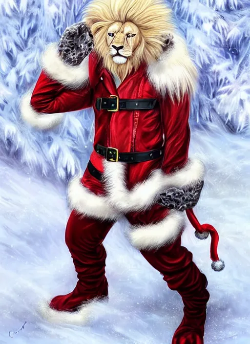 Image similar to Aesthetic portrait commission of a gay male fully furry, muscular anthro albino lion wearing an attractive festive red and white cozy Christmas outfit with long pants and black leather harness and boots, with a tail and a beautiful, attractive, hyperdetailed face, safe for work (SFW). Character design by charlie bowater, ross tran, artgerm, detailed, inked, award winning film poster painting.