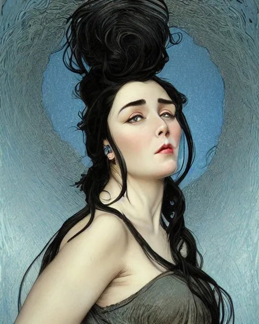 Image similar to portrait of a tall 4 0 - year - old woman with thin lips, long, voluminous black hair, and thick eyebrows, wearing in black clothes, hyper realistic face, beautiful eyes, close up, fantasy art, in the style of greg rutkowski, intricate, alphonse mucha, hyper detailed, smooth