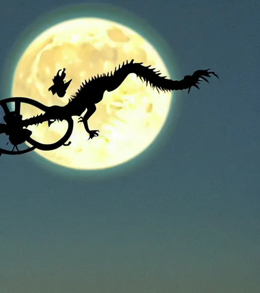 Prompt: a dragon and bike are flying across the full moon as silhouette, from the movie e. t. the extra terrestrial, with dark trees in foreground, cinematic frame by steven spielberg, hd