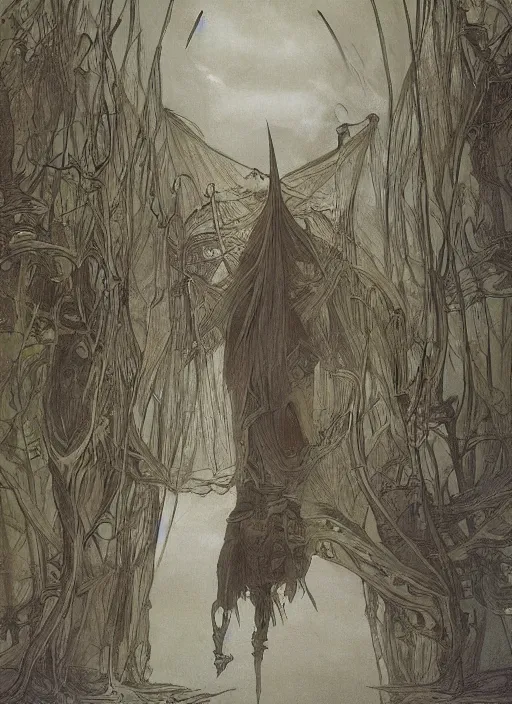 Prompt: nazgul, film cinematography, atmospheric lighting, natural lighting, nazgul from lord of the rings, wide shot, by alphonse mucha and alan lee and john howe and zdzisław beksinski