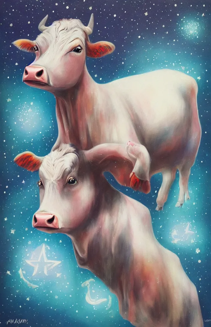 Image similar to cow in the stars in the style of Anna Dittman