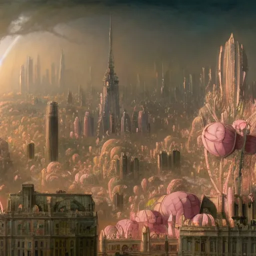 Prompt: a beautiful render of pink and white city in the air, by hubert robert, daniel merriam, roger dean and jacek yerka, alex grey style, soft lighting, 8 k hd wallpaper : 2, jpeg artifacts : - 1