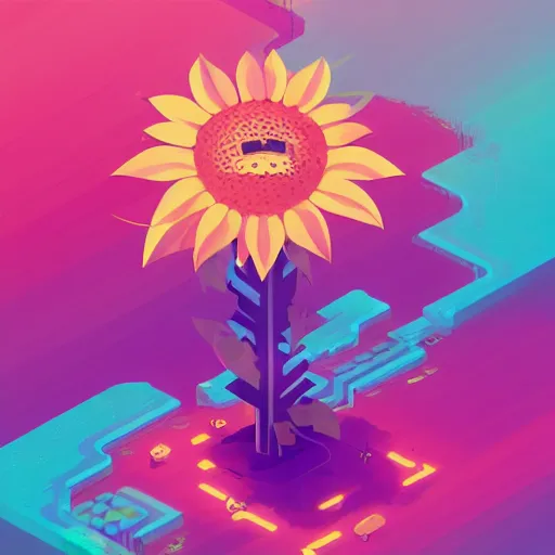 Prompt: beautiful digital sunflower in stunning pick sea, pink and blue scheme, isometric, by Anton Fadeev and Simon Stalenhag, trending on artstation