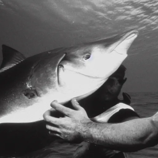 Prompt: Serious black-and-white photograph of a man pulling a swordfish out of his nose.