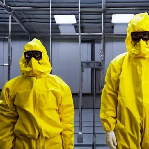 Image similar to Gene Wilder and Walter White in yellow hazmat suits, in the chocolate factory, photorealism, 8k