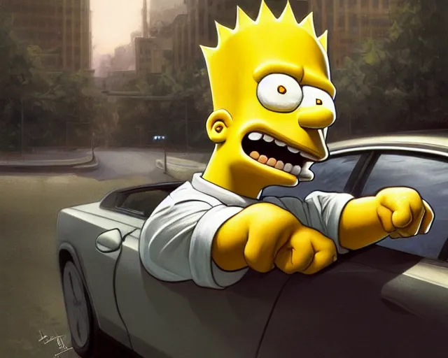 Prompt: realistic photography of bart simpson involved in a car crush, deep focus, intricate, elegant, highly detailed, digital painting, artstation, concept art, matte, sharp focus, illustration, art by artgerm and greg rutkowski and alphonse mucha