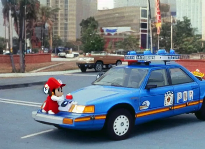 Prompt: 1 9 9 1 live action super mario brother the movie police car