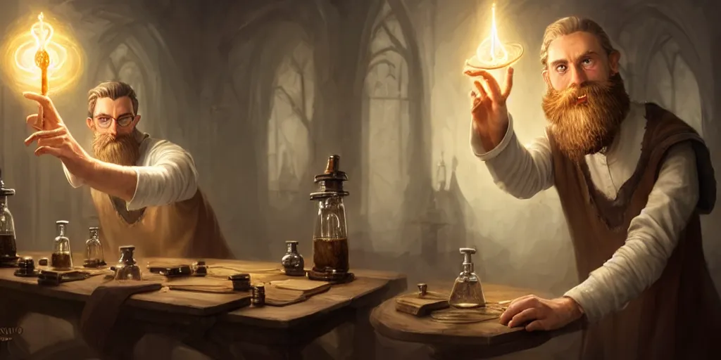 Image similar to a handsome bearded white male wizard with brown hair he is casting a spell emanating from his hands, he is in a alchemist workshop filled with beakers and equipment, neurral hand pose, neutral pose, sharp focus, waist up, 4 k, by greg rutkowski, rudy siswanto and anna podedworna