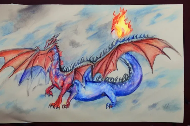 Prompt: a child's watercolor pencil painting of fire - breathing dragon.