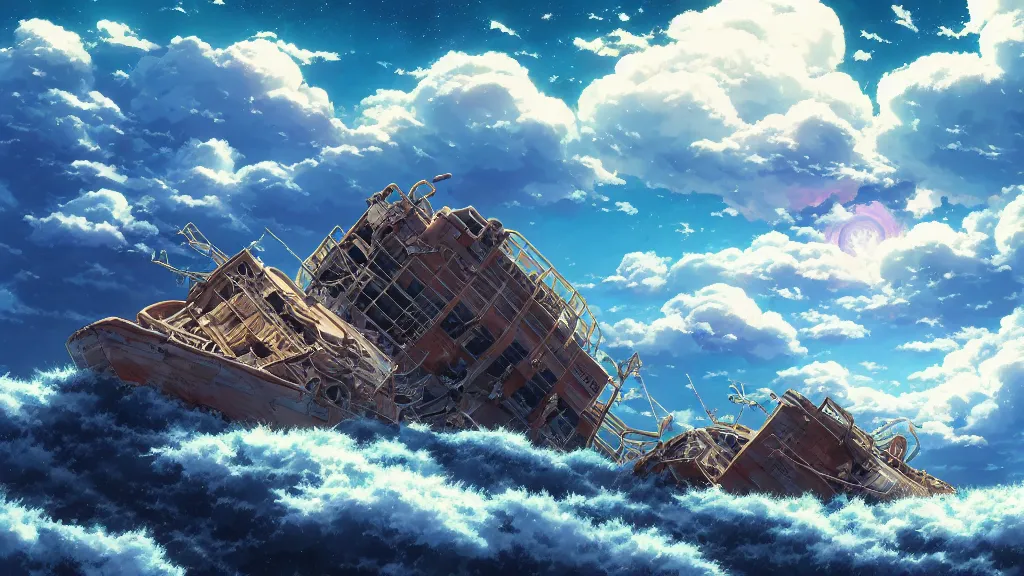 Prompt: highly detailed illustration of a shipwreck in the sky and lots of high exposure cummulonimbus clouds by makoto shinkai, by oliver vernon, by joseph moncada, by damon soule, by manabu ikeda, by kyle hotz, by dan mumford, by otomo, 4 k resolution