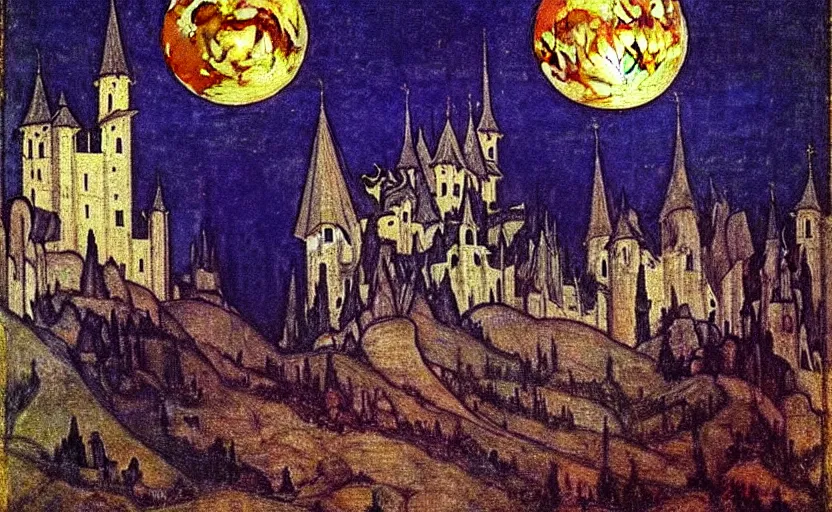 Image similar to medieval painting by mikhail vrubel, full moon, french gothic burning! castle, bats flying away from castle, blur, bokeh,