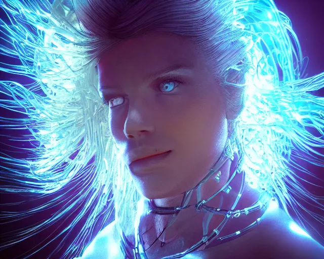 Image similar to glowing hair, supercomputer complex cybernetic beings, beautiful hairy humanoids, cybergods, cybermagnetosphere, cybernetic civilizations, ornate hair, love, joy, vortexes, large arrays, data holograms, 8 k, cinematic light shadows, wet hdr refractions