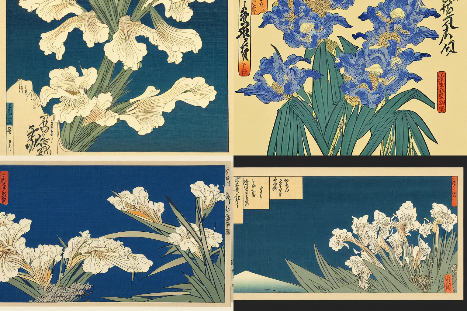 Prompt: a masterful ukiyo - e print of irises by katsushika hokusai and utagawa hiroshige, masterpiece, hyperdetailed, 4 k