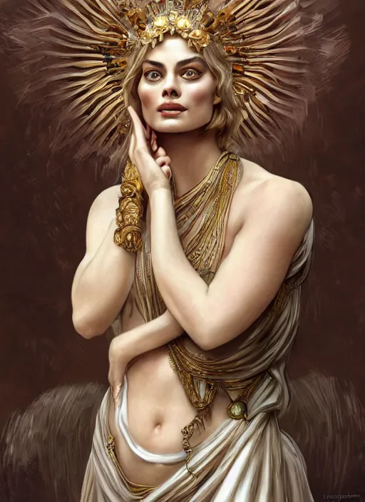 Image similar to Margot Robbie as a Greek Goddess, beautiful detailed eyes, cute, fantasy, intricate, elegant, highly detailed, digital painting, 4k, HDR, concept art, detailed jewelry, smooth, sharp focus, illustration, art by Artgerm, H R Giger and Alphonse Mucha