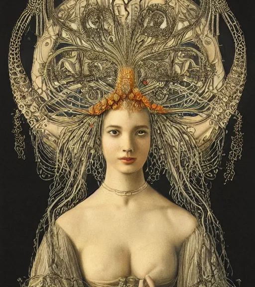 Image similar to portrait of a beatiful young goddess with intricate jellyfish headdress, dark background, intricate hyper detailed art by ernst haeckel,