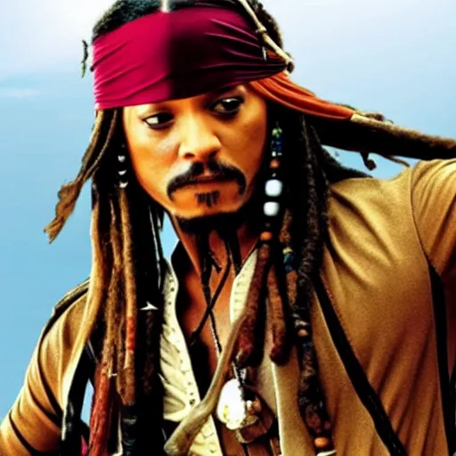 Image similar to Will Smith as captain jack sparrow, movie still from pirates of the carribean