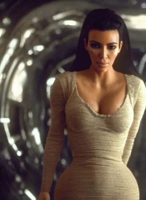 Image similar to movie still full pov of kim kardashian wearing a alien facehugger mask, in the movie alien. cinematic full shot.