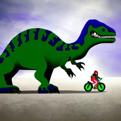 Prompt: a dinosaur driving a bike