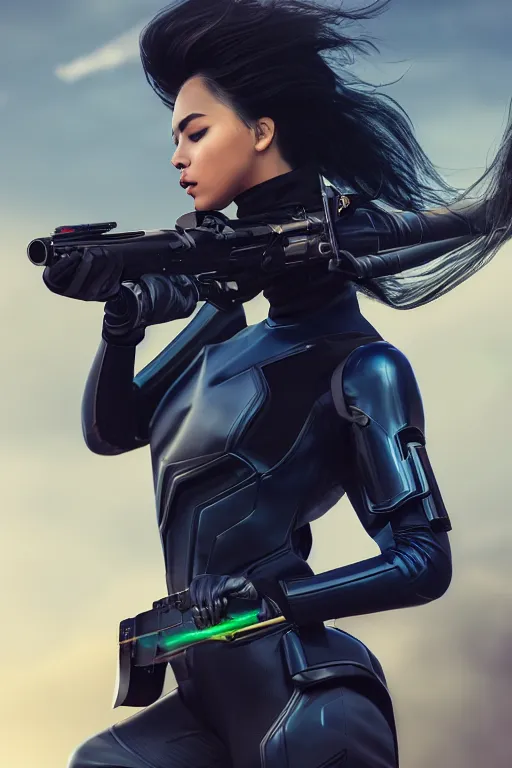 Image similar to a stunning picture of a beautiful young woman wearing futuristic deep black battle bodyarmor and legings with ombre navy blue teal hairstyle blowing in the wind shouldering a futuristic rifle by marvel comics, digital art, trending on artstation