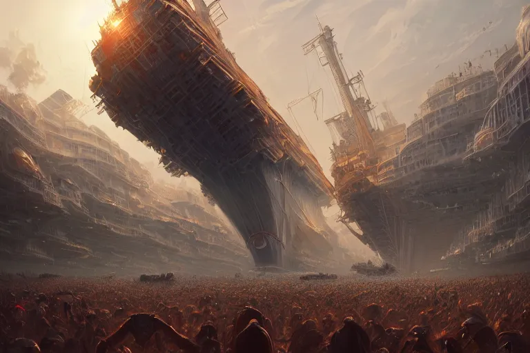 Image similar to detailed intricate digital illustration by greg rutkowski and artgerm and wlop and sanford robinson gifford ; colossal mothership vessel of immeasurable size arriving in our atmosphere, perspective of crowd of people on the ground looking up ; 1 3 mm film, wide angle ; golden hour, lens flare, trending on artstation 8 k