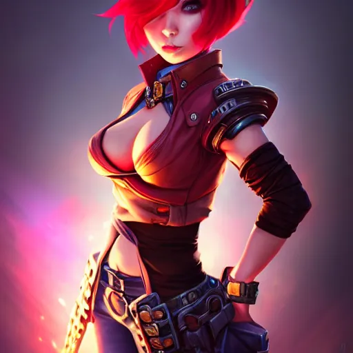 Image similar to portrait of Vi from League of Legends, by Fortiche Studio, from Netflix's Arcane, trending on artstation,fine details, realistic shaded, fine-face, Steampunk city on the background, red hair, painted texture, pretty face,by Artgerm