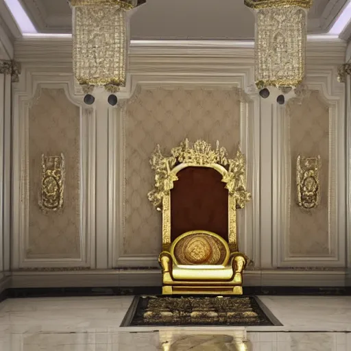 Image similar to photorealistic 3 d octane render of a gigantic royal palace throne room
